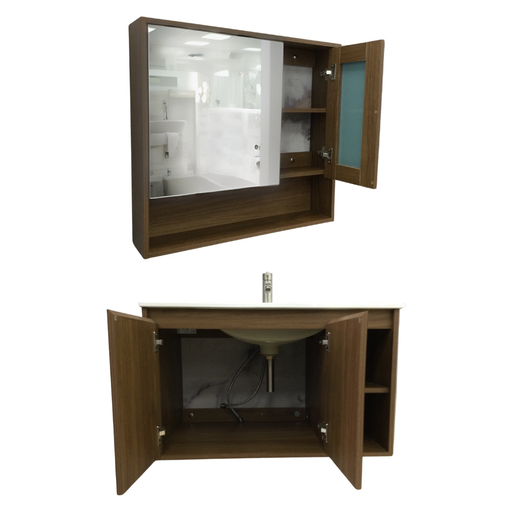 MUEBLE DE BAÑO DE PVC CON LAVAMANO Y GRIFERIA YATES 0.8X0.465X0.5 M INCLUYE BOTIQUIN CON ESPEJO 0.75X0.15X0.7 M PE10-80 NOGAL MARRON