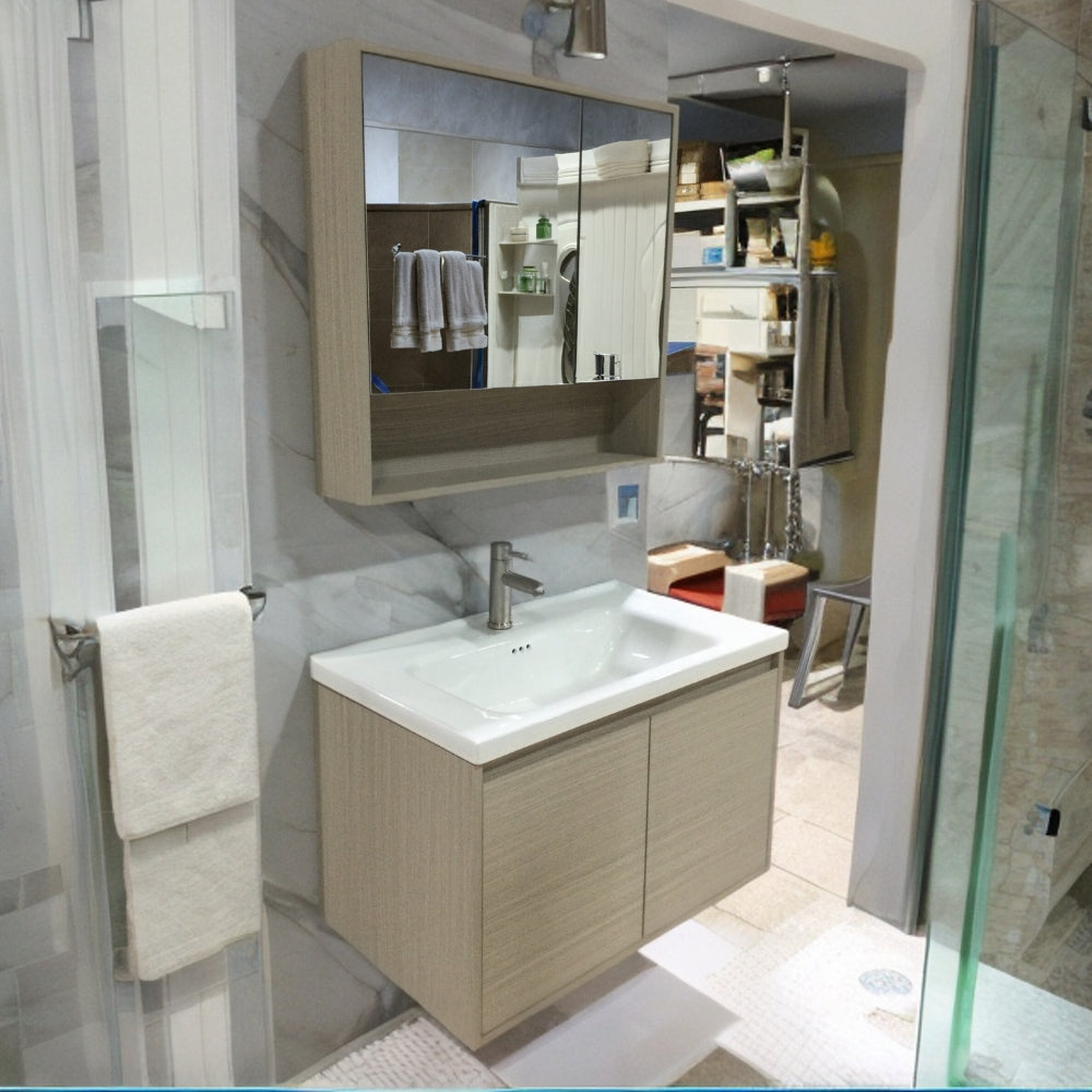 MUEBLE DE BAÑO DE PVC CON LAVAMANO Y GRIFERIA LRVIN 0.8X0.475X0.525 M INCLUYE BOTIQUIN CON ESPEJO 0.75X0.15X0.7 M CAP102-80 GLG
