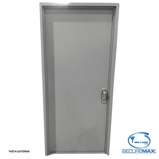 PUERTA DE SEGURIDAD LISA CON MARCO 3 PIES X 7 PIES GRIS IZQUIERDA CON CERRADURA PLATEADA SECURE MAX