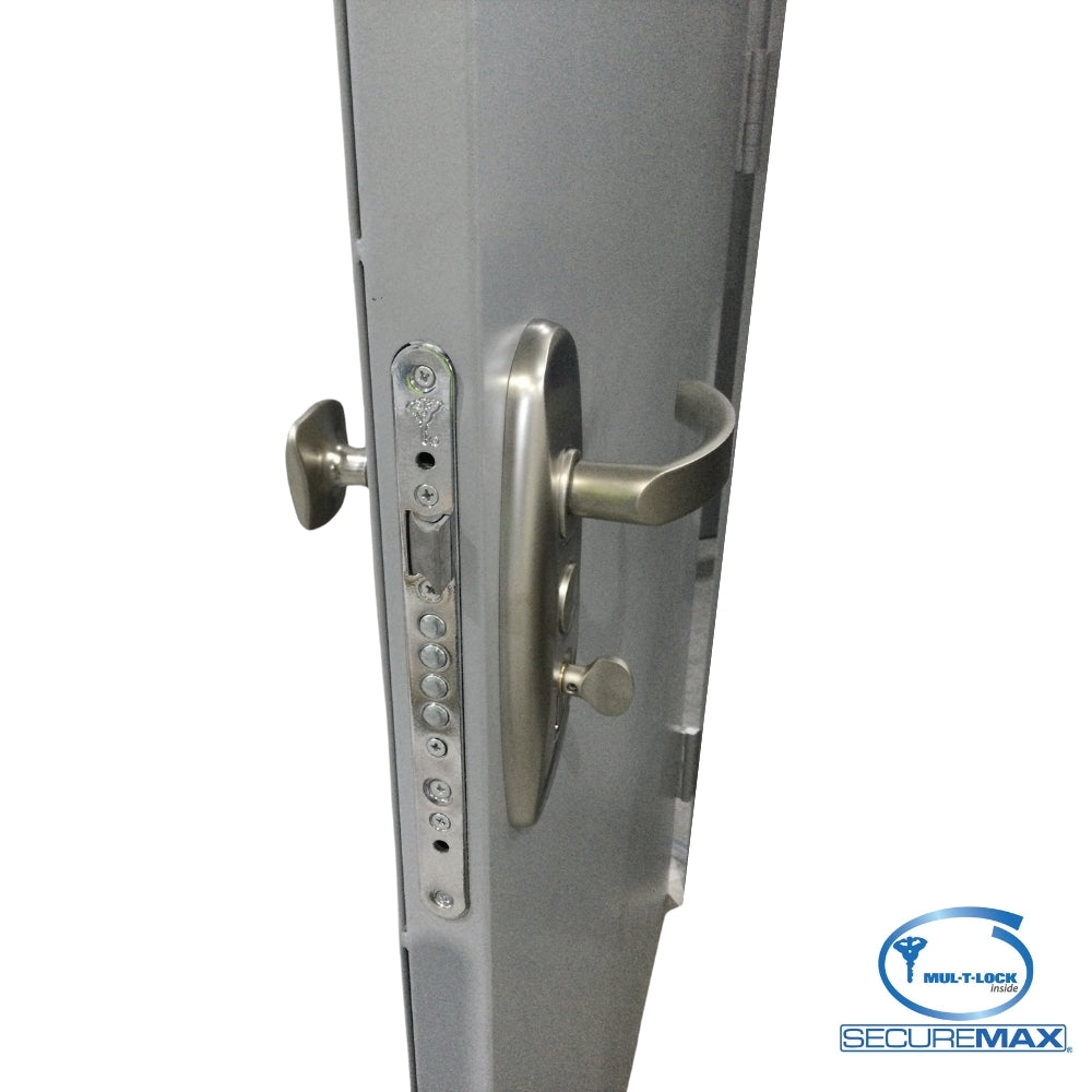 PUERTA DE SEGURIDAD LISA CON MARCO 3 PIES X 7 PIES GRIS DERECHA CON CERRADURA PLATEADA SECURE MAX