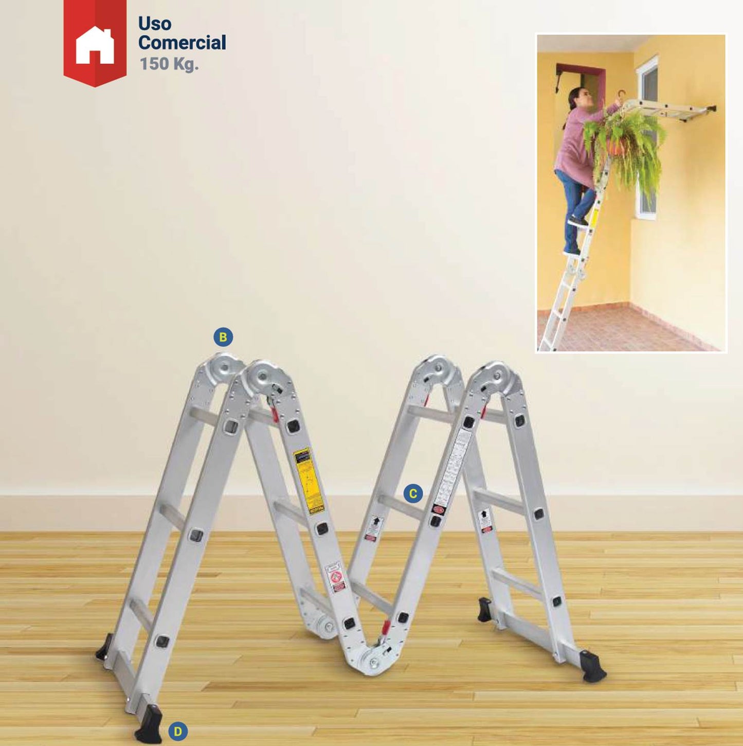 ESCALERA MULTIPOSICIONES USO COMERCIAL ALUMINIO 13 PIES 150 KG C-2096-13/C-2391-13 SCALA