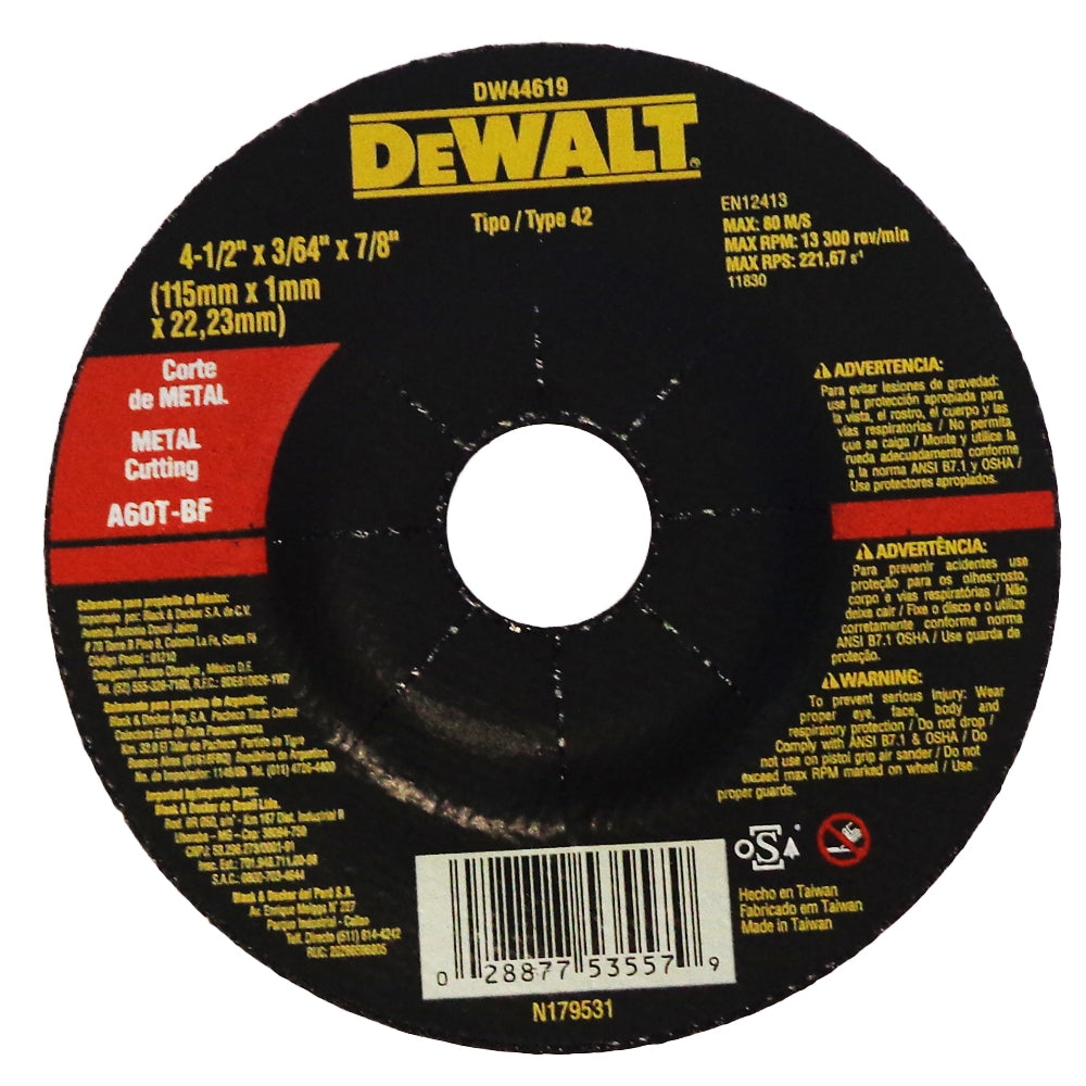 DISCO CORTE METAL 4 1/2 PULGADAS X 1mm X 7/8 PULGADAS DW44619 DEWALT