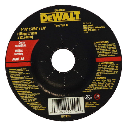 DISCO CORTE METAL 4 1/2 PULGADAS X 1mm X 7/8 PULGADAS DW44619 DEWALT
