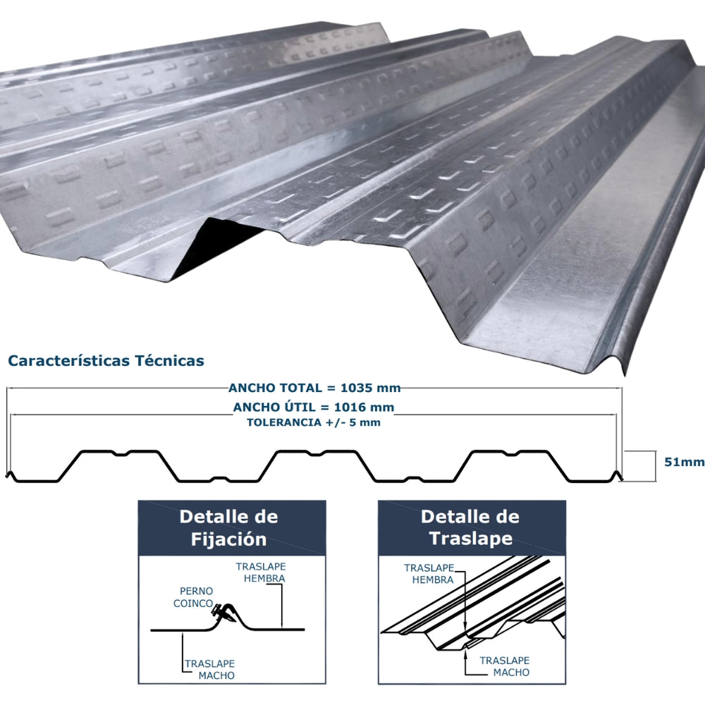 METALDECK ANCHO 40 IN X 20 PIES GALVANIZADO CALIBRE 22