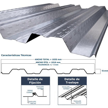 METALDECK ANCHO 40 IN X 20 PIES GALVANIZADO CALIBRE 22