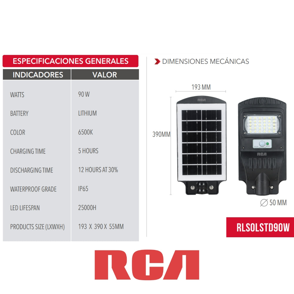 LAMPARA SOLAR LED TIPO CALLE 1200 LUMENES RCA (RLSOLSTD90W)