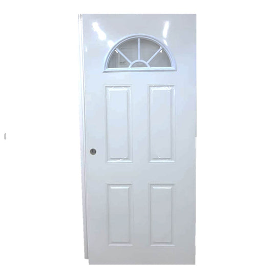 PUERTA DE METAL CON BASTIDOR DE MADERA 5 PANELES 3 PIES X 7 PIES BLANCA CON VITRAL MEDIA LUNA METALPRO