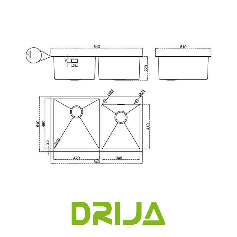 FREGADOR DE EMPOTRAR DOBLE DE ACERO INOXIDABLE SATINADO DE 84CM DE LUJO (LUCCA 84)