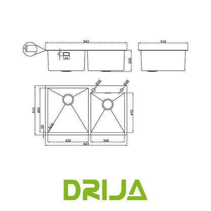 FREGADOR DE EMPOTRAR DOBLE DE ACERO INOXIDABLE SATINADO DE 84CM DE LUJO (LUCCA 84)