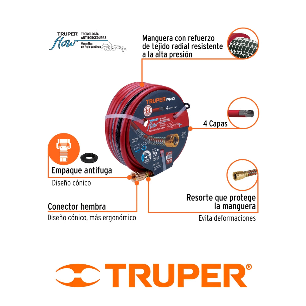 MANGUERA  TRUPER 4 CAPAS SUPER REFORZADA 1/2 IN X 100 PIES USO PROFESIONAL