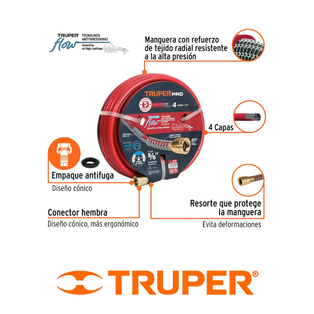 MANGUERA  TRUPER 4 CAPAS SUPER REFORZADA 5/8 IN X  65 PIES USO PROFESIONAL