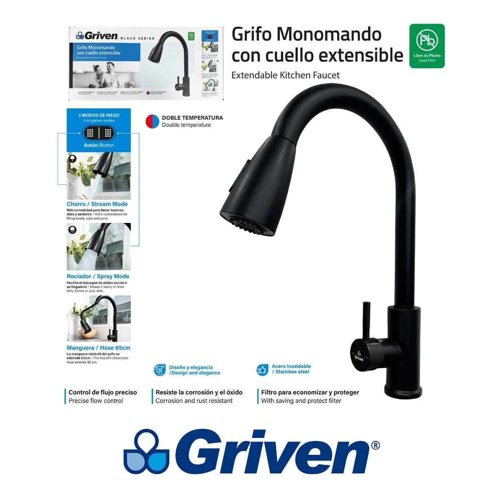LLAVE MONOMANDO DE FREGADOR NEGRO GRIVEN GV-SH8800B-3-8