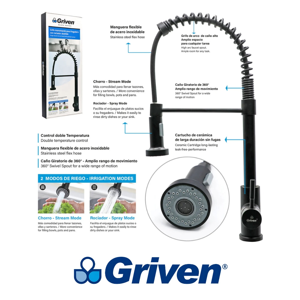 LLAVE MONOMANDO DE FREGADOR NEGRO GRIVEN A367-BF-8805B-3-8