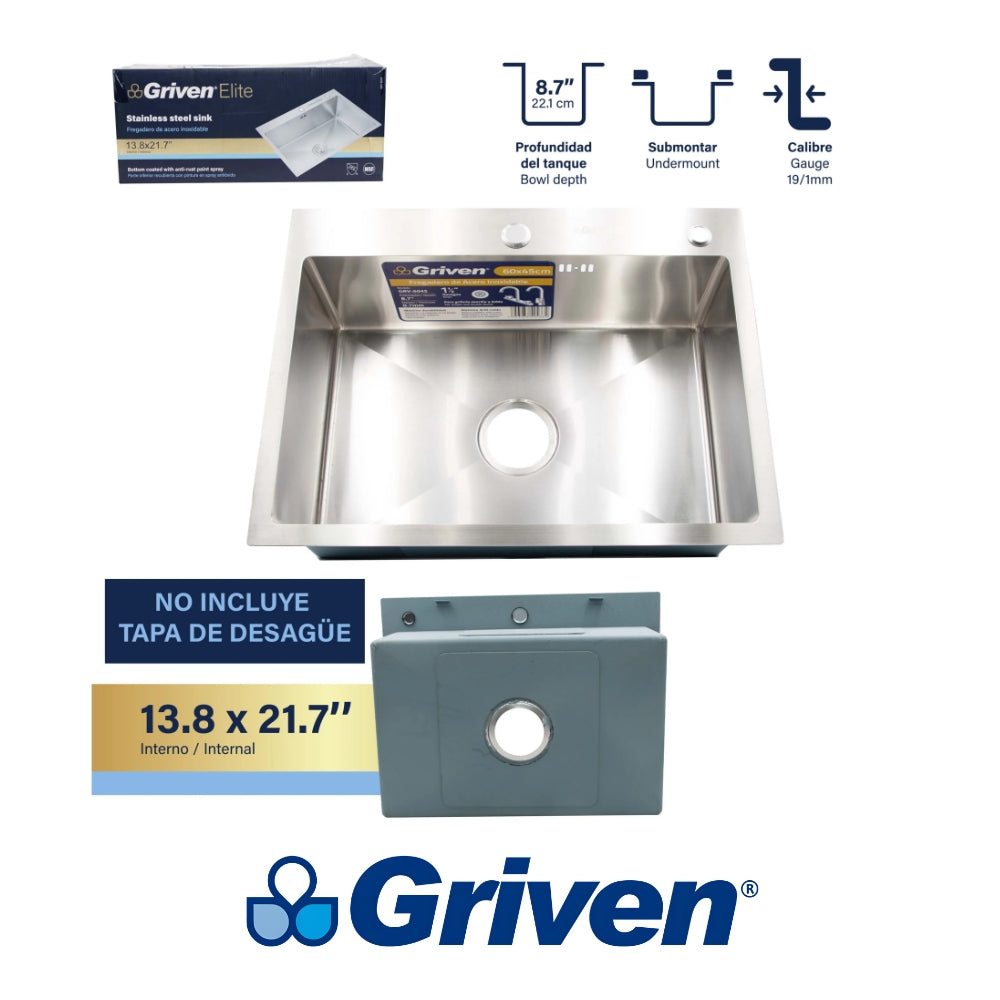 FREGADOR BAJO MESA SENCILLO DE ACERO INOXIDABLE 60x45x22 CM GRIVEN GRV-6045