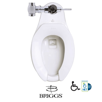 TAZA DE FLUXOMETRO CARLTON ADA HET CON SPUD METÁLICO Y ASIENTO SIN TAPA BRIGGS COLOR BLANCO