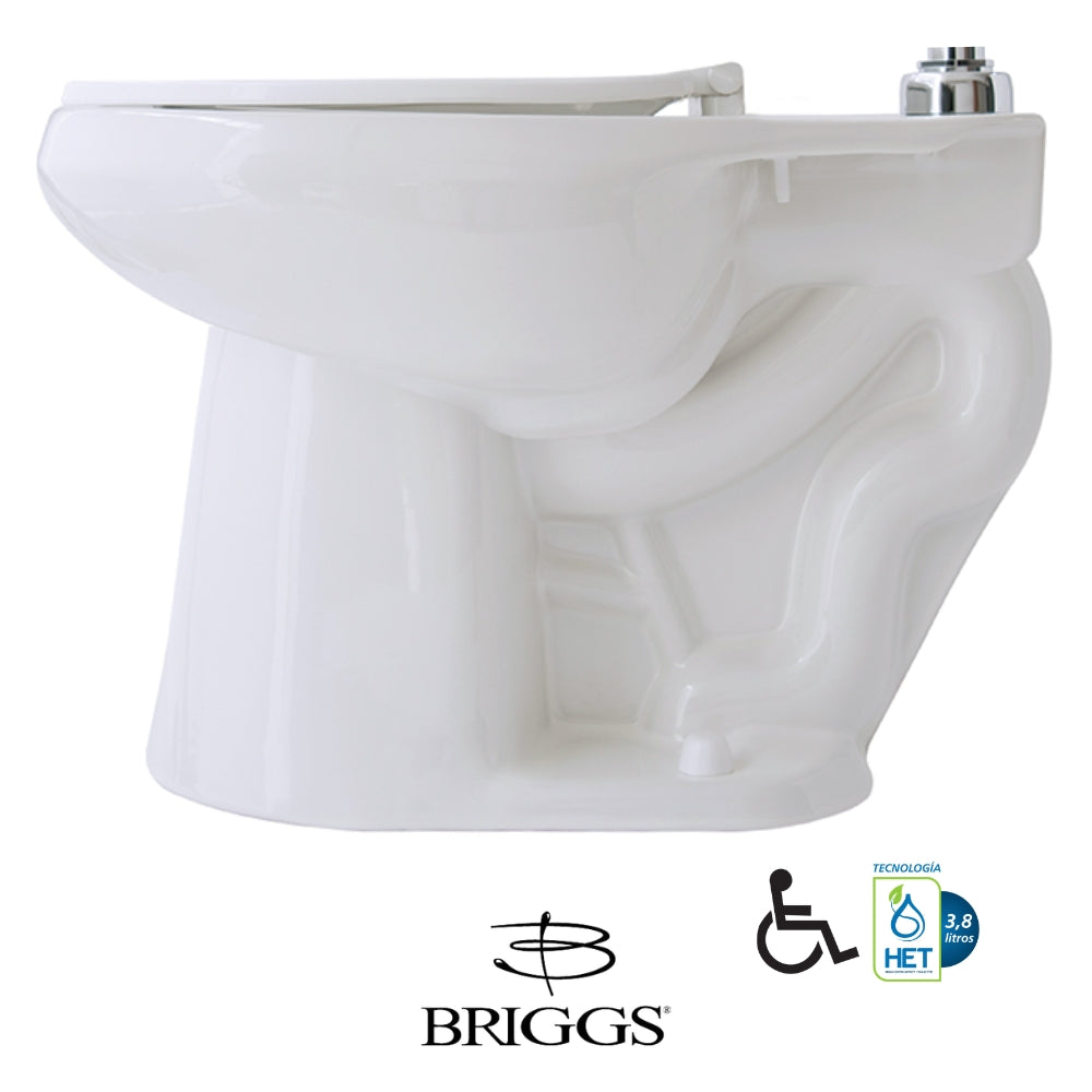 TAZA DE FLUXOMETRO CARLTON ADA HET CON SPUD METÁLICO Y ASIENTO SIN TAPA BRIGGS COLOR BLANCO