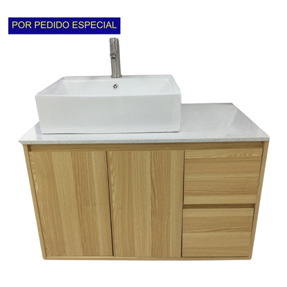 MUEBLE DE BAÑO EN PLYWOOD LAMINADO AEREO CON LAVAMANO Y GRIFERIA 2 PUERTAS + 2 GAVETAS 0.90X0.52X0.55 M COLOR MADERA YK201-B14 MOD. YKL-V005 PLY