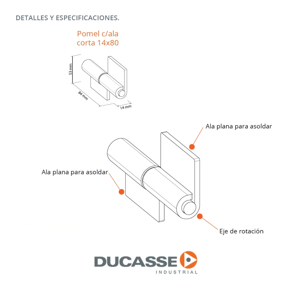 BISAGRA POMEL C/ALA CORTA 14MMX80MM PQT 2 UND DUCASSE
