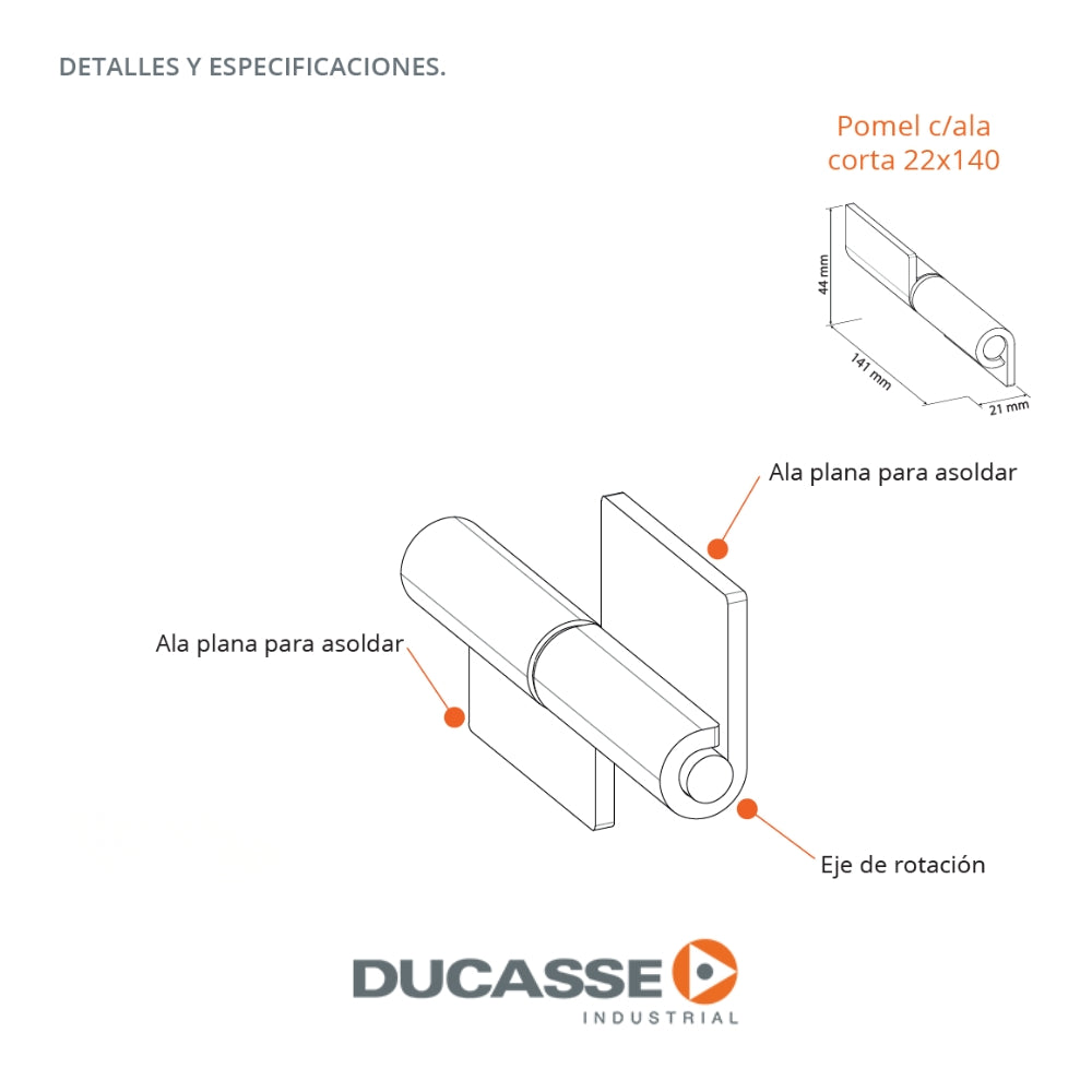 BISAGRA POMEL C/ALA CORTA 22MMX140MM PQT 2 UND DUCASSE