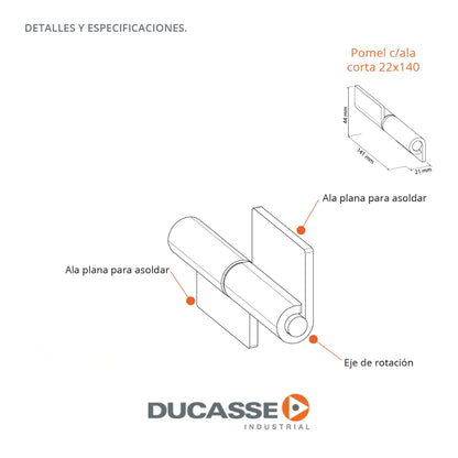 BISAGRA POMEL C/ALA CORTA 22MMX140MM PQT 2 UND DUCASSE