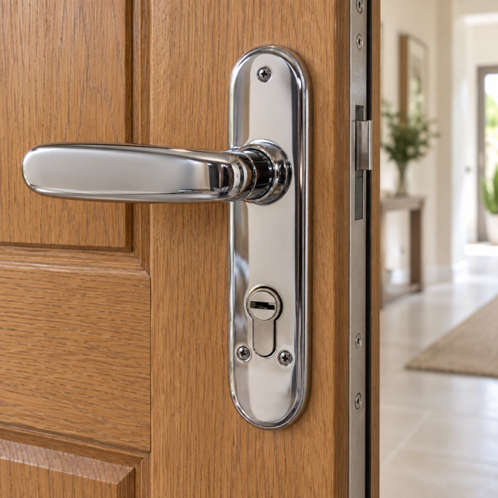 MANIGUETA CON CUBRE CILINDRO PARA PUERTA MULTIPUNTOS PLATEADA IZQUIERDA SECURE