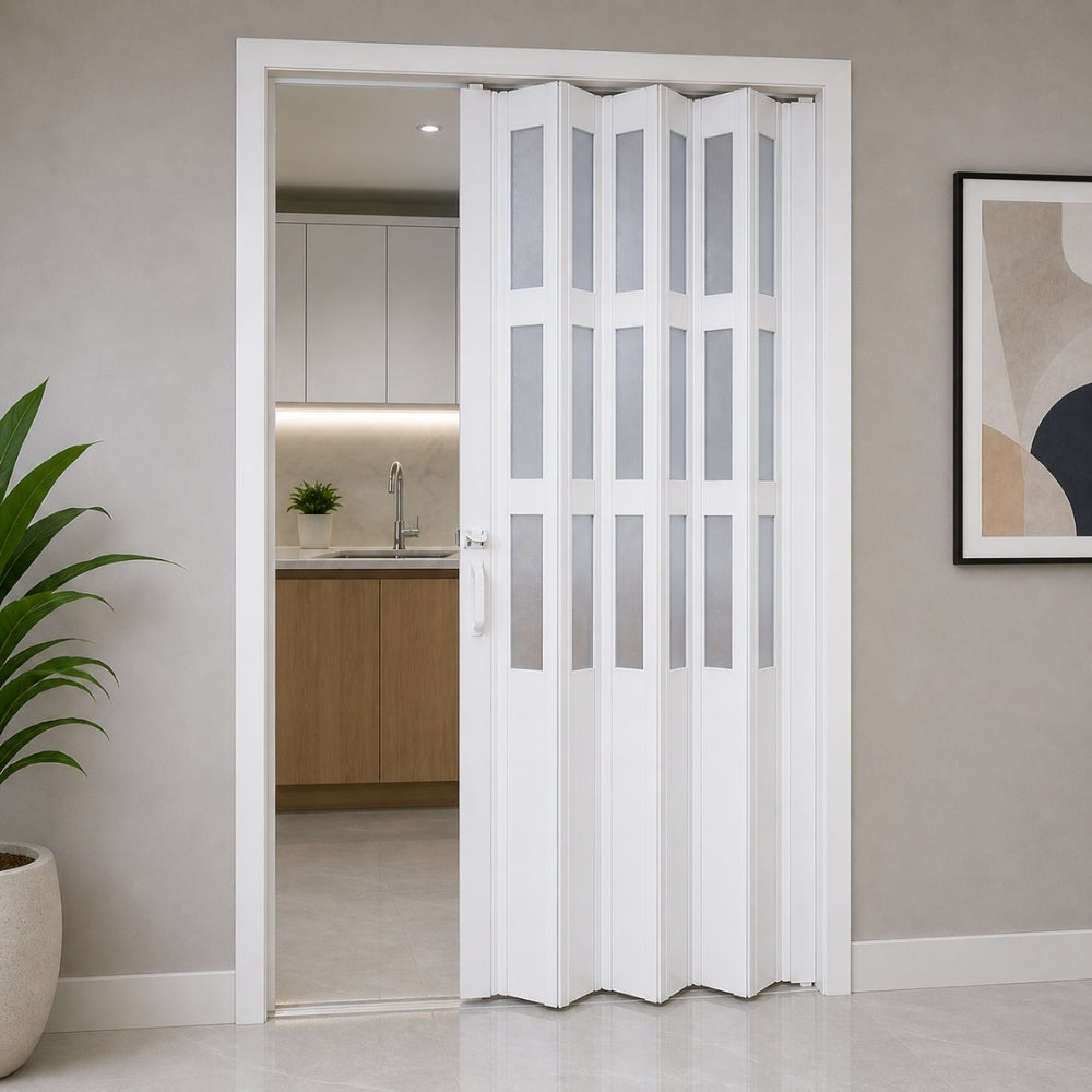 PUERTA PLEGABLE PVC 2030X1060X12MM BLANCA MITAD VIDRIO Y PVC (F12K07W3)