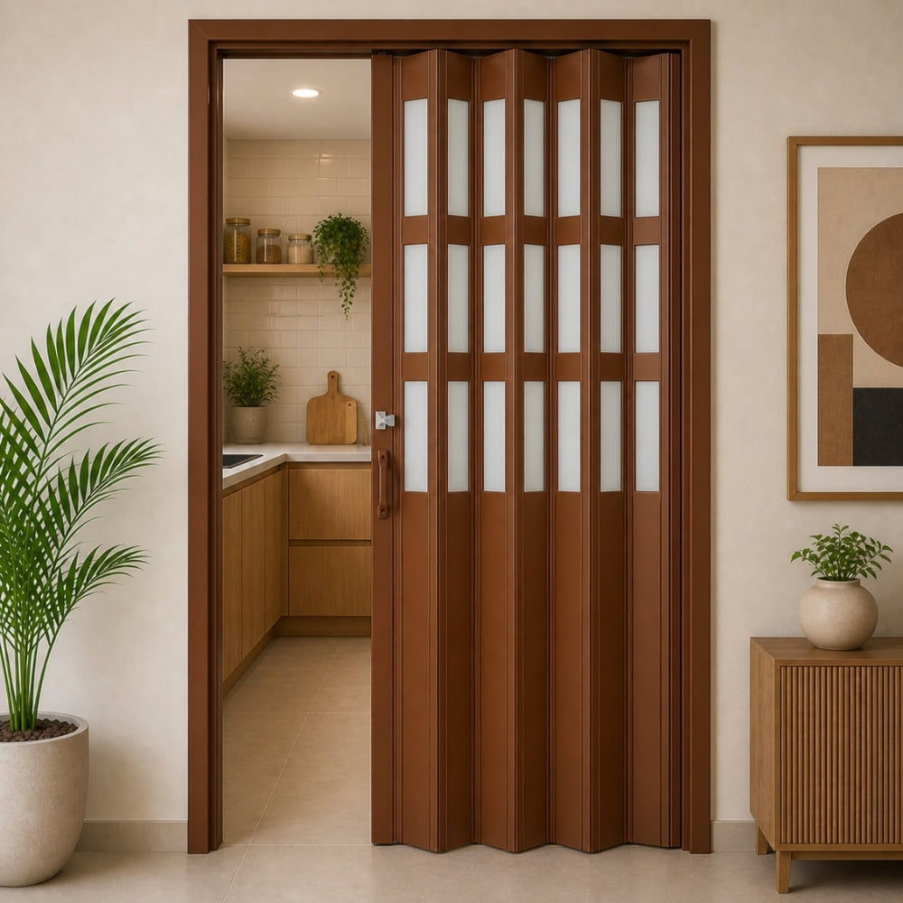 PUERTA PLEGABLE PVC 2030X1060X12MM CHOCOLATE MITAD VIDRIO Y PVC (F12K07DB3)
