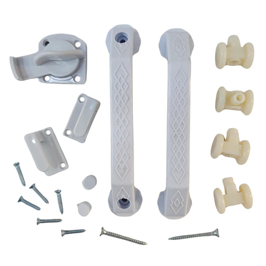 FERRETERIA PUERTA PLEGABLE -BLANCO PVC (MANIGUETA/CERRADURA/4UND RUEDAS)