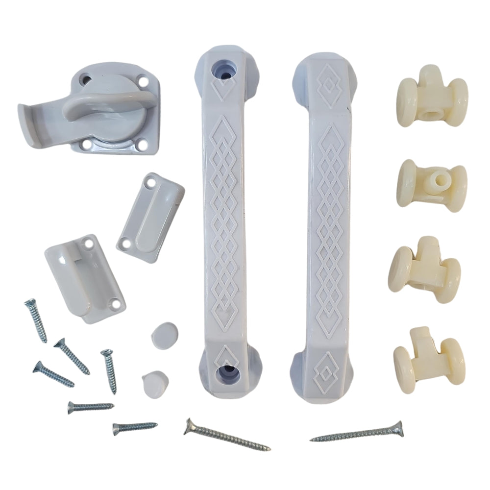 FERRETERIA PUERTA PLEGABLE -BLANCO PVC (MANIGUETA/CERRADURA/4UND RUEDAS)