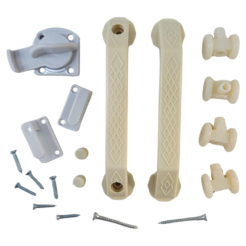 FERRETERIA PUERTA PLEGABLE -BEIGE PVC (MANIGUETA CERRADURA/4UND RUEDAS)
