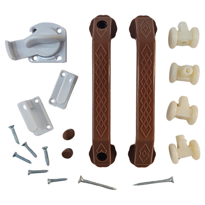 FERRETERIA PUERTA PLEGABLE -CHOCOLATE PVC (MANIGUETA CERRADURA/4UND RUEDAS)
