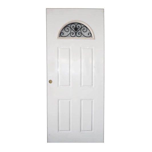 PUERTA DE METAL CON BASTIDOR DE MADERA 5 PANELES 3 PIES X 7 PIES BLANCA CON MEDIA LUNA CON HIERRO METALPRO