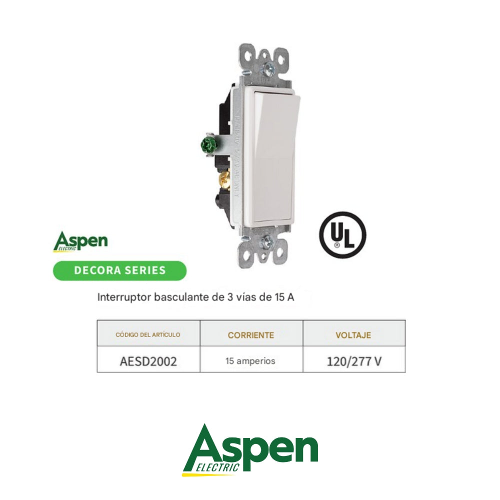 INTERRUPTOR 3-WAY BLANCO DECORA 15A 120/277V UL ASPEN AESD2002