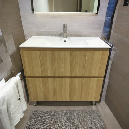 MUEBLE DE BAÑO EN PLYWOOD LAMINADO CON LAVAMANO Y GRIFERIA 2 GAVETAS 0.90X0.46X0.86 M COLOR MADERA YK201-B14 MOD. YKL-V007 PLY