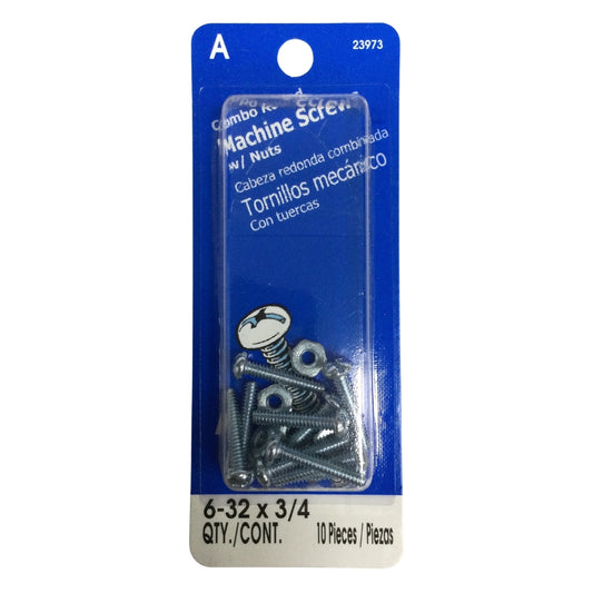 TORNILLO DE MAQUINA ZINCADO CAB REDONDA COMBO N°6-32 x 3/4 PULGADAS ROSCA ESTANDAR