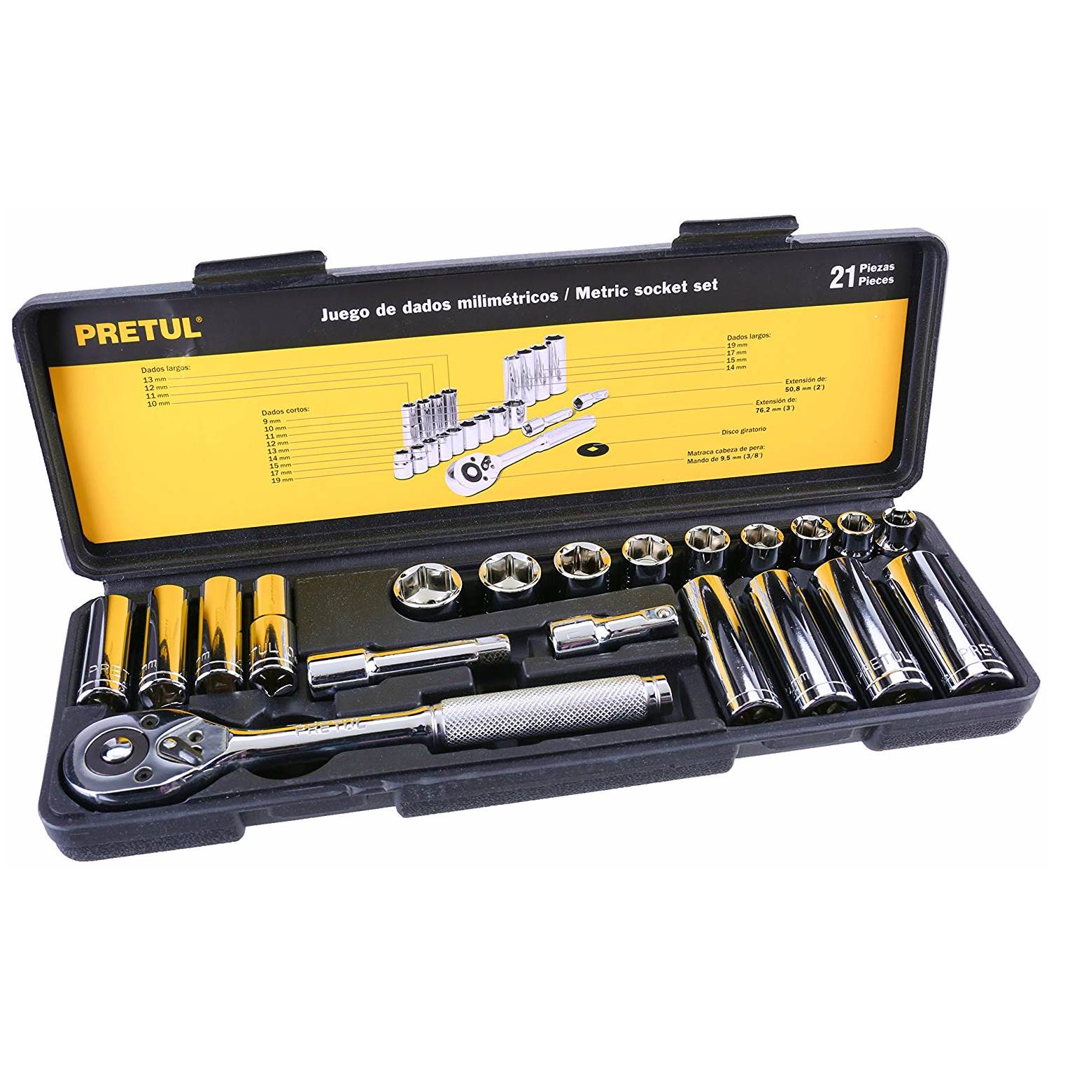 ❋1477❋ JUEGO DE SOCKET 3/8 PULGADAS 21 PIEZAS 9mm-19mm PRETUL