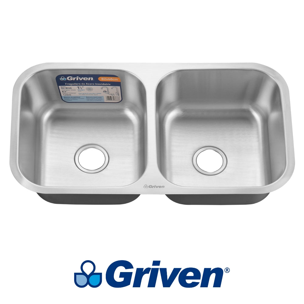 FREGADOR BAJO MESA DOBLE DE ACERO INOXIDABLE 82X46 CM (32 PULGADASX 18 PULGADAS X 8 PULGADAS) GRIVEN GV-8246