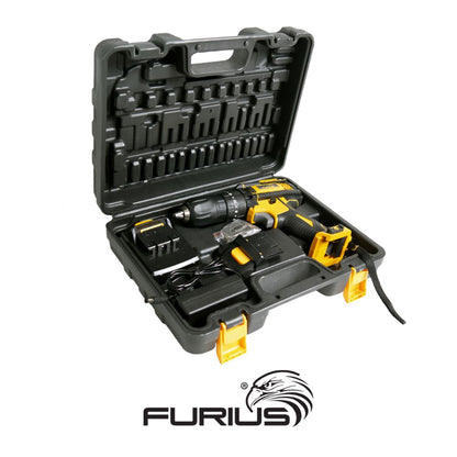 KIT TALADRO PERCUTOR 1/2 INALAMBRICO FURIUS CON MALETA, CARGADOR Y 2 BATERIAS 21V