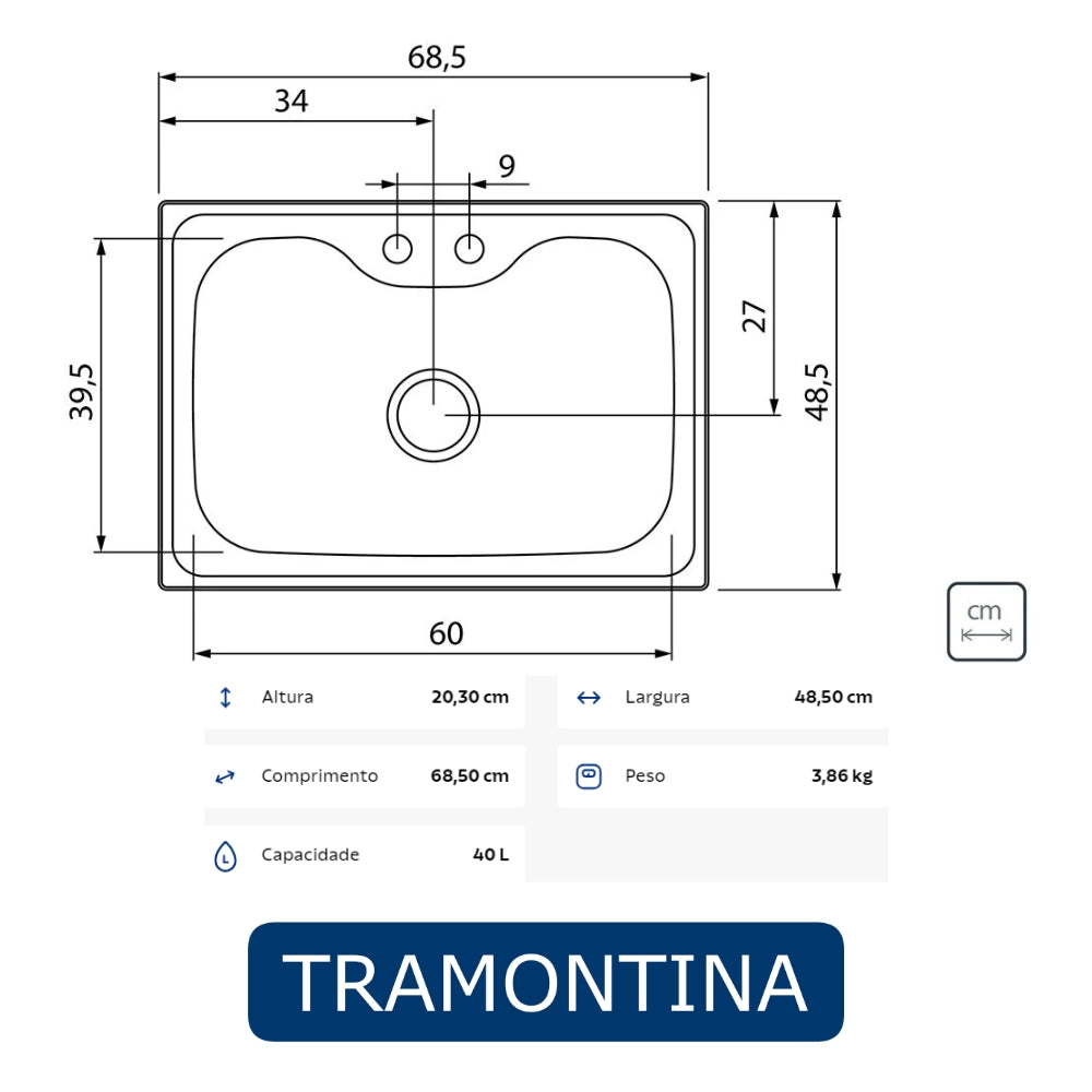 FREGADOR DE EMPOTRAR MORGANA SENCILLO ACERO INOXIDABLE SATINADO 69 CM X 49 CM TRAMONTINA 93806122