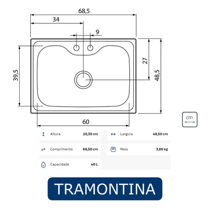 FREGADOR DE EMPOTRAR MORGANA SENCILLO ACERO INOXIDABLE SATINADO 69 CM X 49 CM TRAMONTINA 93806122