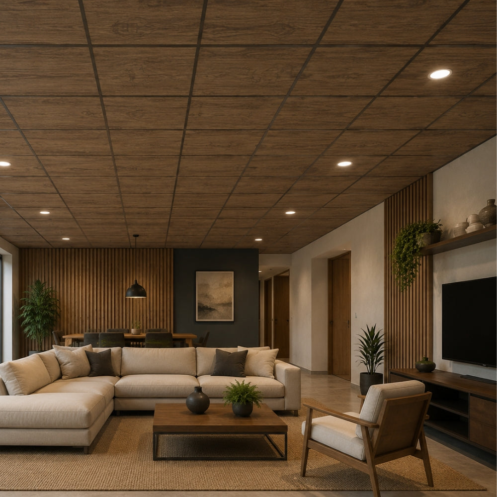 LAMINA CIELO RASO SUSPENDIDO PVC 60.3CM X 60.3CM COLOR MADERA 0SCURA YS603-5