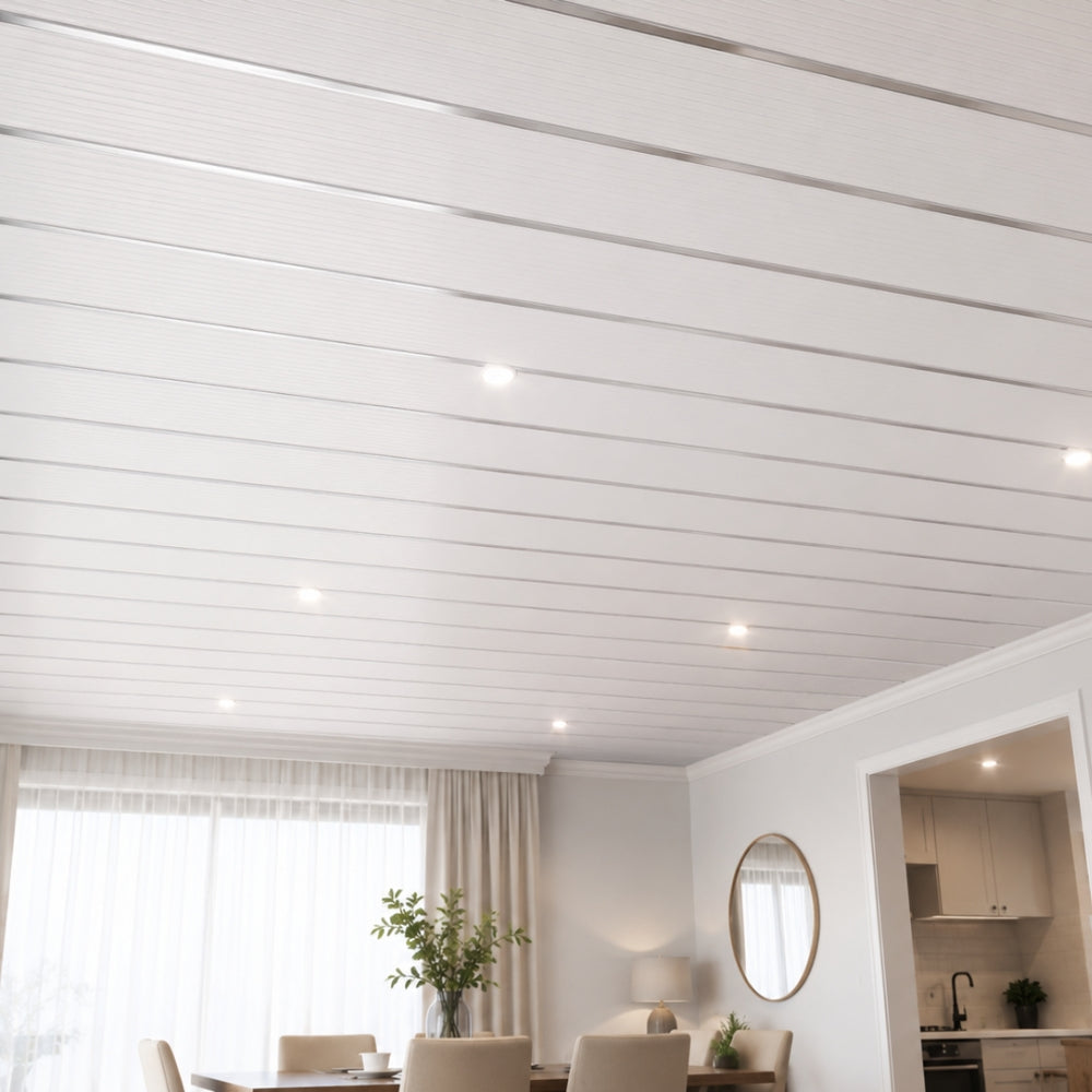 CIELO RASO DE PVC BLANCO PLATA U/V CON DIVISION 7mm X 20cm X 5.9m (1.18m2) SKYLINE
