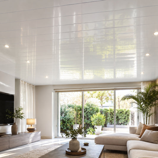 CIELO RASO DE PVC BLANCO BRILLO U/V SIN DIVISION 8mm X 20cm X 5.9m (1.18m2) SKYLINE