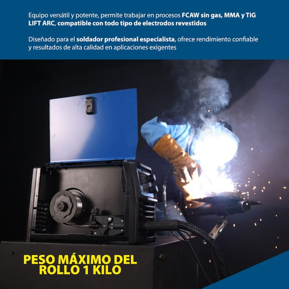 SOLDADOR INVERSOR MULTIPROCESO MPFLUX 130 FCAW SIN GAS / MMA / TIG LIFT ARC. 160A 110VAC CON PINZA MASA, PORTA ELECTRODO Y ANTORCHA FCAW