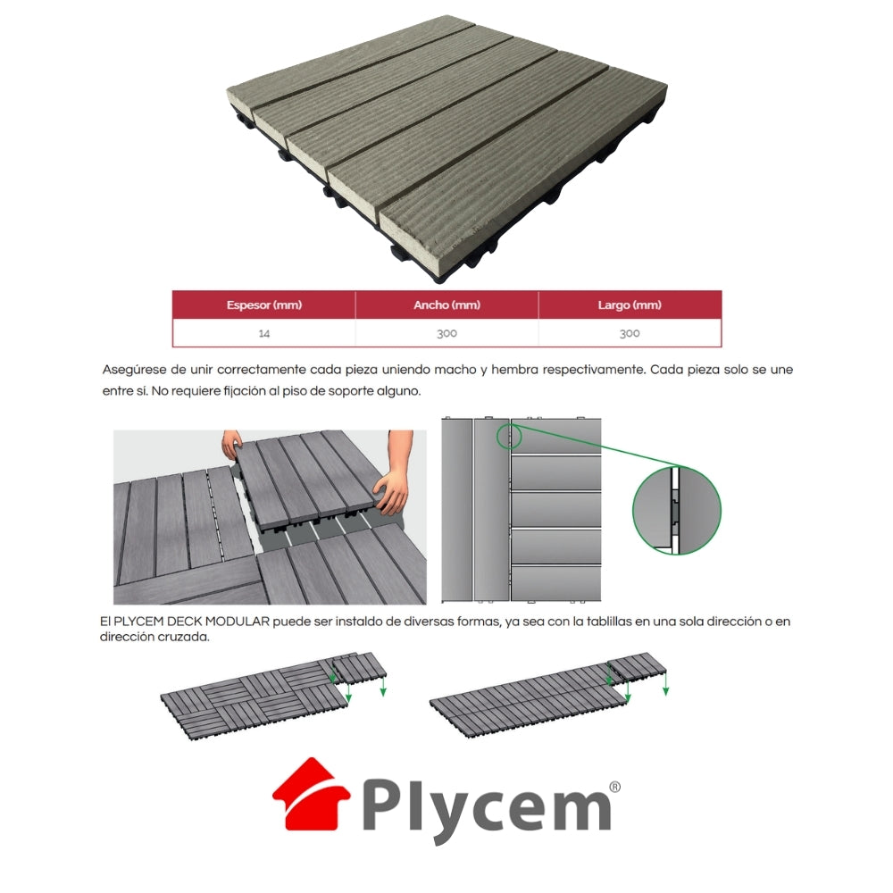 DECK MODULAR PLYCEM GRIS 30 CM X 30CM X 14MM PQT 6 UNI.(0.54M2) 1330833