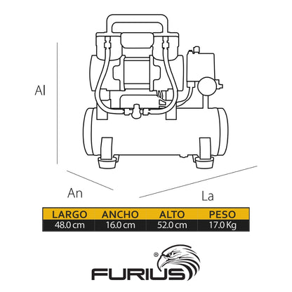 COMPRESOR DE AIRE FURIUS SILENCIOSO LIBRE DE ACEITE 12L- 6.6 CFM - 1.5HP - 120PSI