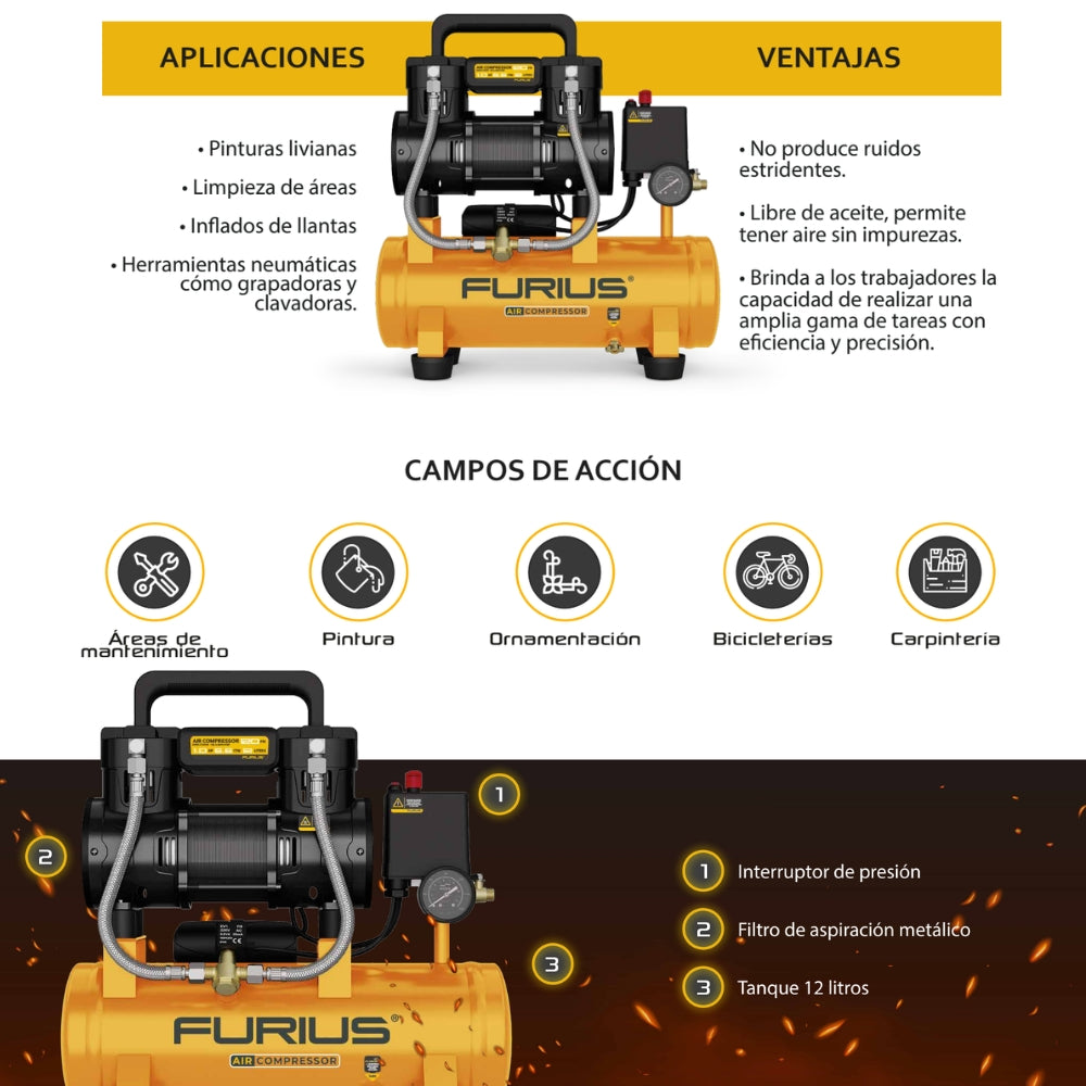 COMPRESOR DE AIRE FURIUS SILENCIOSO LIBRE DE ACEITE 12L- 6.6 CFM - 1.5HP - 120PSI