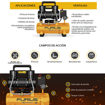 COMPRESOR DE AIRE FURIUS SILENCIOSO LIBRE DE ACEITE 12L- 6.6 CFM - 1.5HP - 120PSI