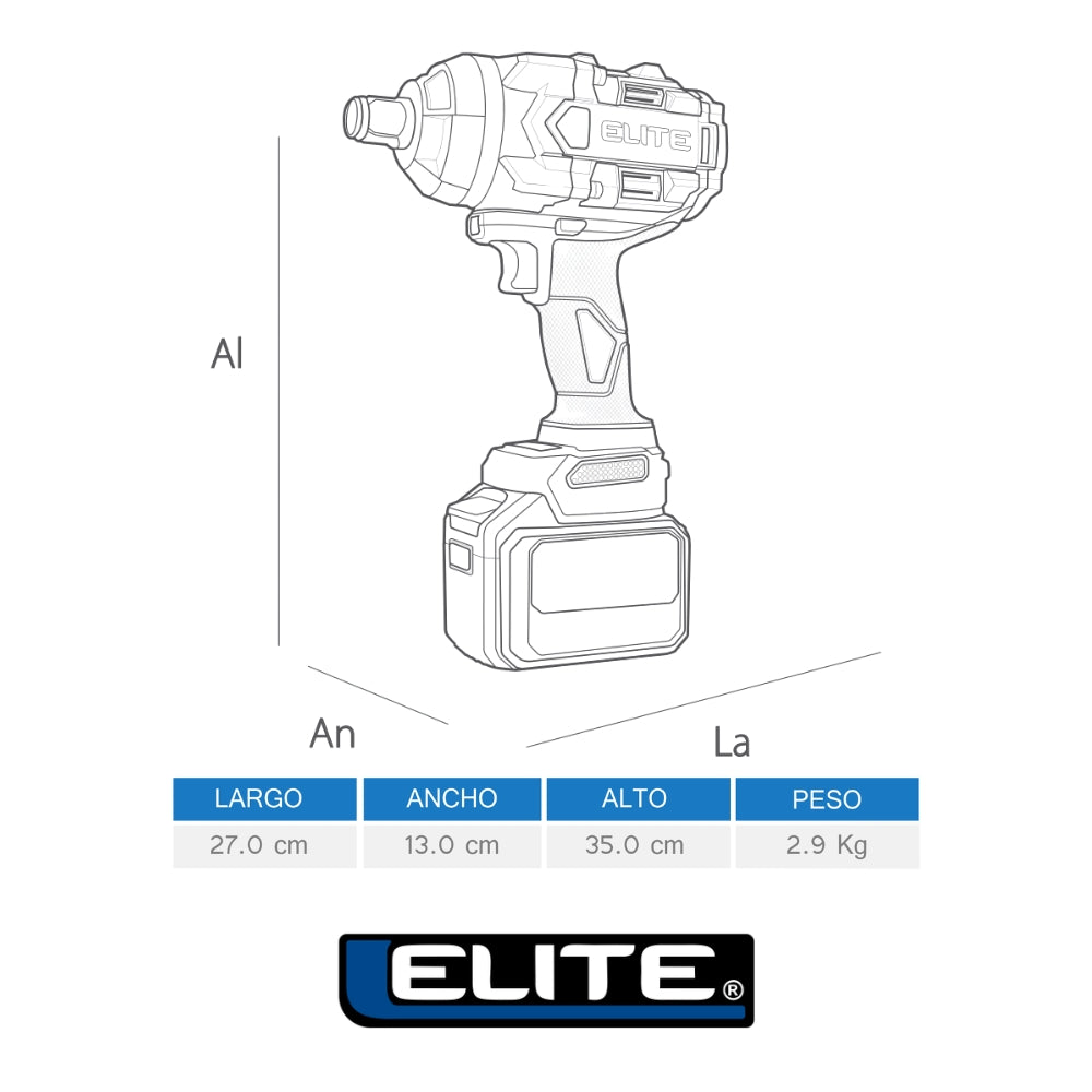 KIT LLAVE DE IMPACTO INALÁMBRICA 21V SIN ESCOBILLAS CUADRANTE 3/4 IN 1500W 1800Nm 2200BPM INCLUYE 1 BATERÍA 6AH, CARGADOR