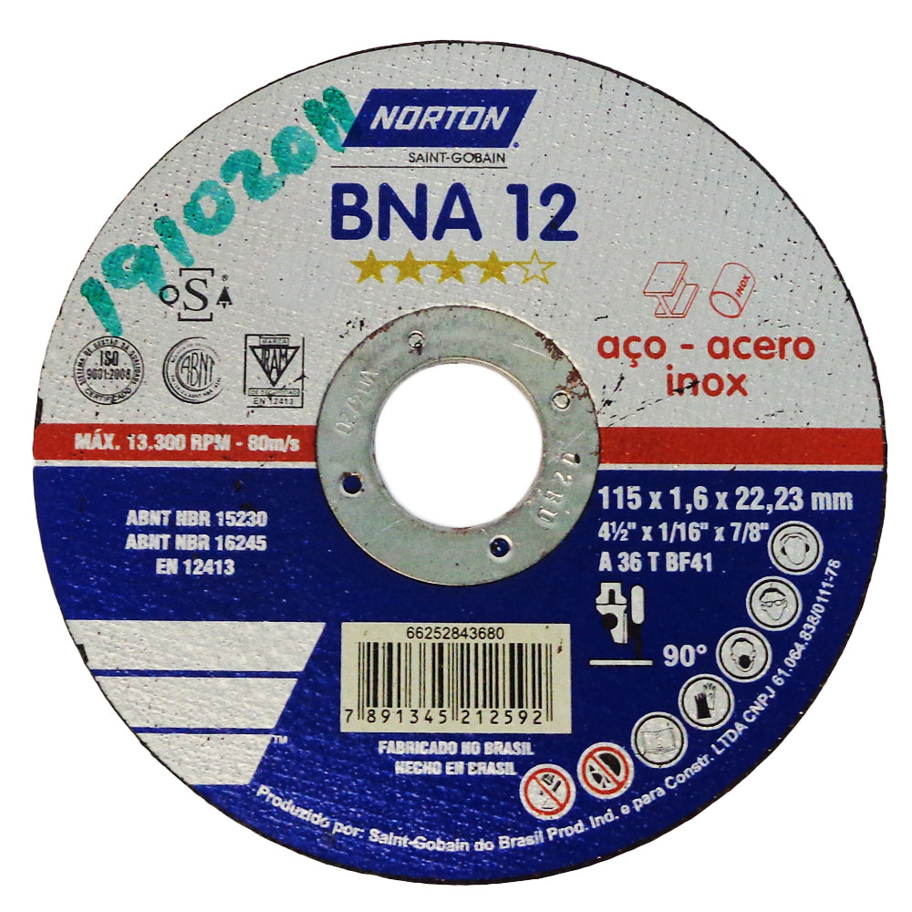 DISCO CORTE METAL 4 1/2 PULGADAS X 1/16 PULGADAS X 7/8 PULGADAS NORTON